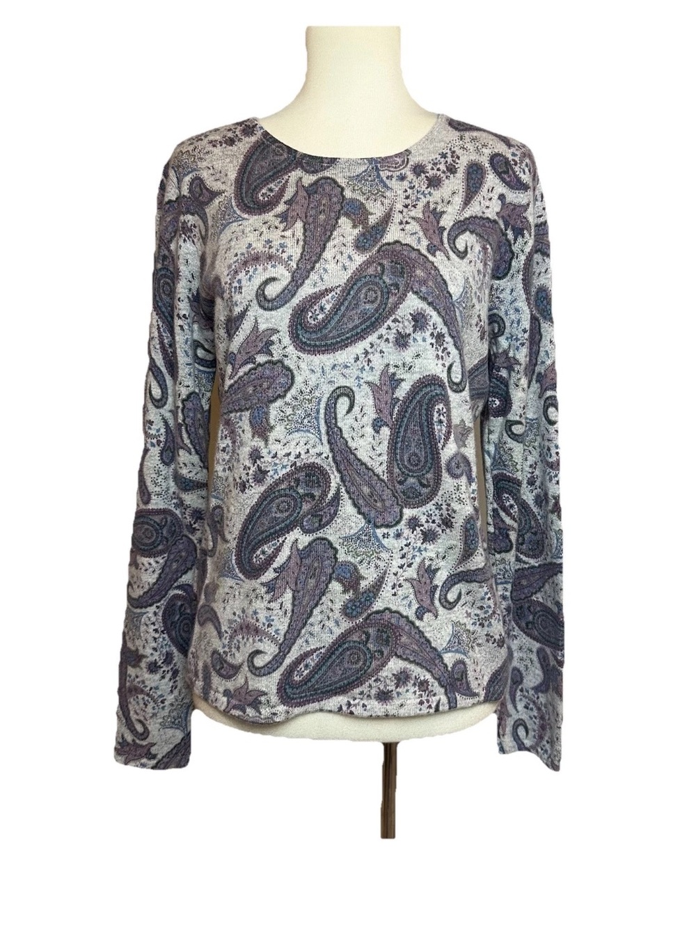Geneva Cashmere 100% Cashmere Sweater Gray Purple Paisley Luxury Soft